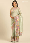 Pastel Green Floral Embroiderd Tissue Saree - Taashi