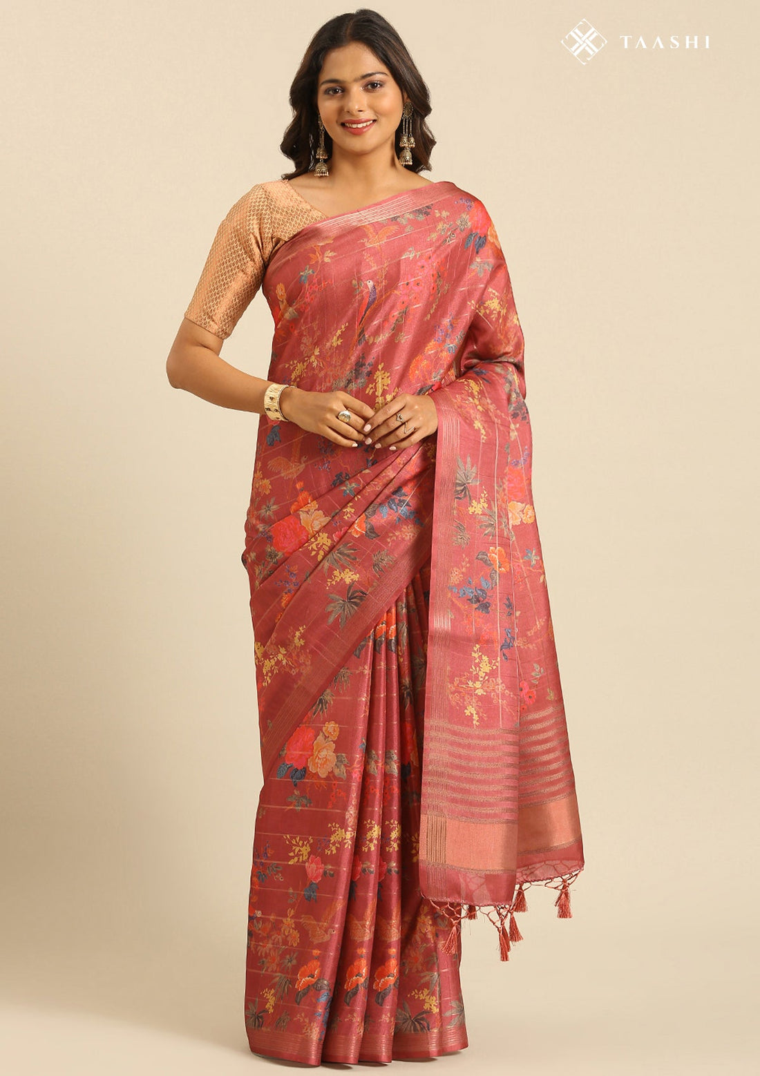Dusty Pink Tussar Contemporary Printed Saree