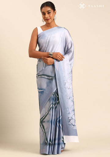Powder Blue Satin Contemporary Printed Saree