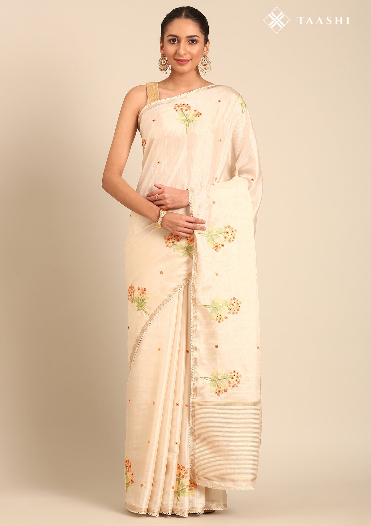 Cream Fancy Embroidery Tussar Saree