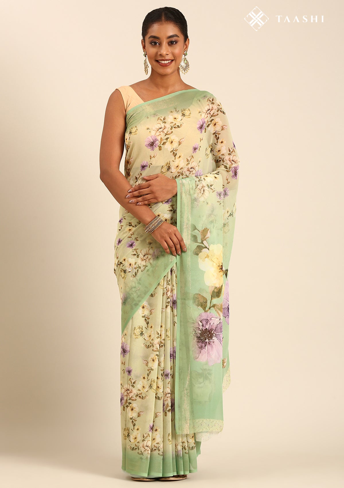 Pastel Green Floral Printed Georgette Saree