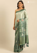 Dark Green Floral Printed Tussar Saree - Taashi