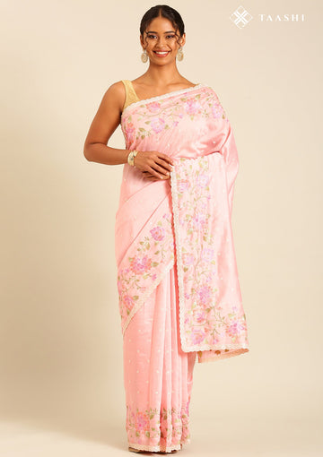 Pastel Pink Linen Contemporary Embroidered Saree