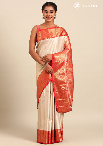 Gold And Bright Red Color Kanchipuram Saree