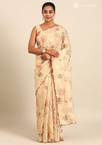 Beige Tissue Printed Embroidered Saree