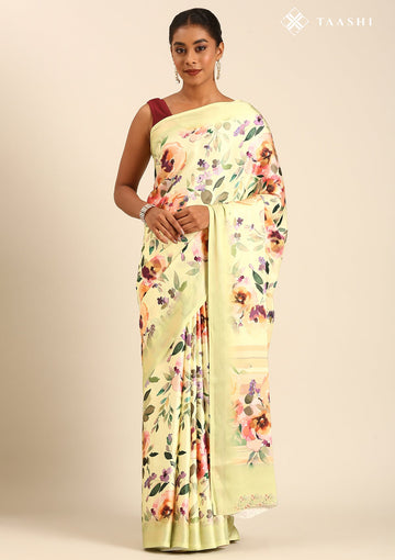 Lemon Green Satin Contemporary Printed Saree