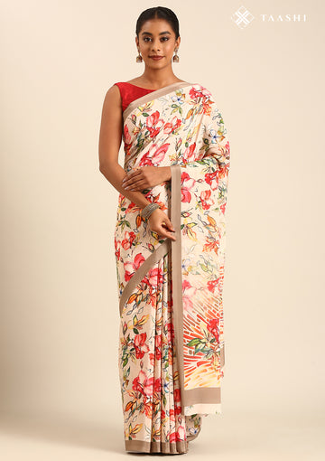 Beige Multicolor Watercolor Floral Printed Crepe Saree