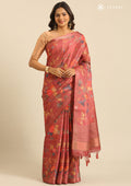 Dusty Pink Floral, Flamingo Printed And Zari Stripes Tussar Saree - Taashi