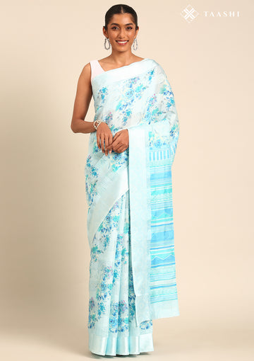 Blue Watercolor Floral Printed And Plaids Woven Linen Saree