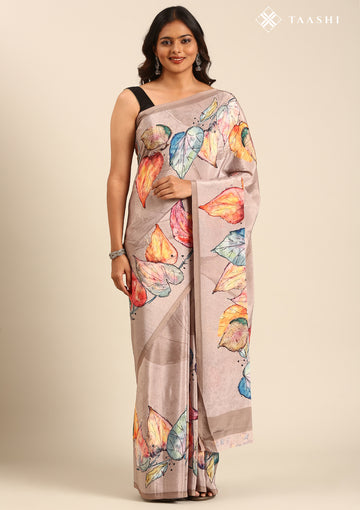 Dusty Brown Leaf Digital Printed Crepe Saree