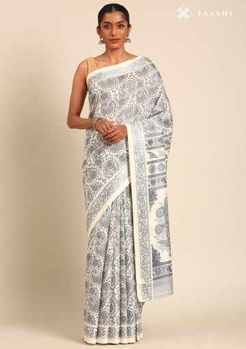 Cream And Grey Stylised A/O Paisley Pattern Linen Saree