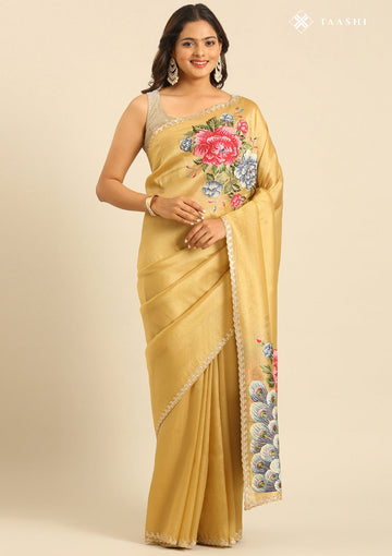 Dusty Yellow Tissue Contemporary Embroidered Saree