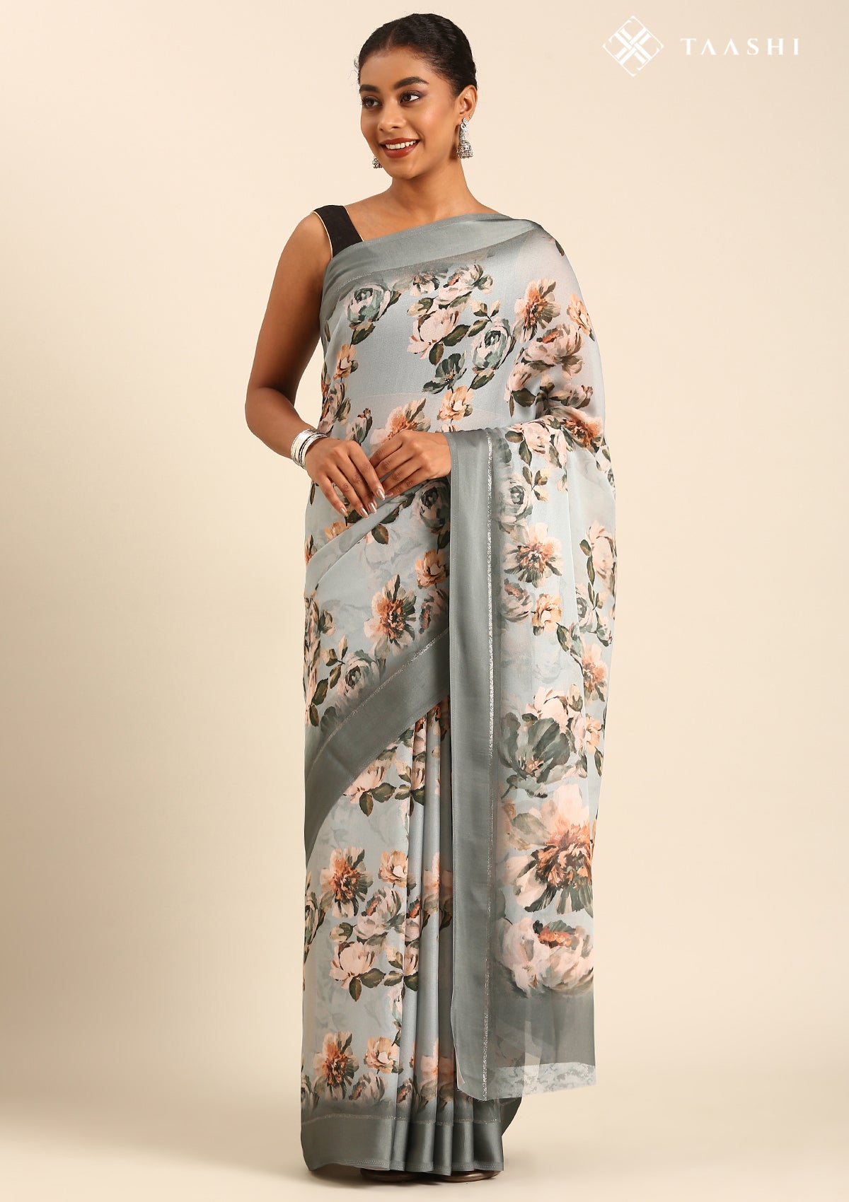 Grey Floral Printed Georgette Saree