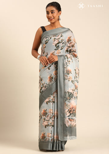 Grey Floral Printed Georgette Saree