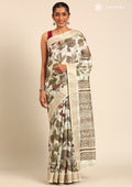Sage Green Watercolor Floral Printed Tussar Saree - Taashi