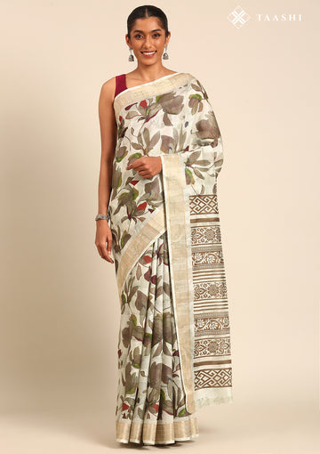Sage Green Watercolor Floral Printed Tussar Saree