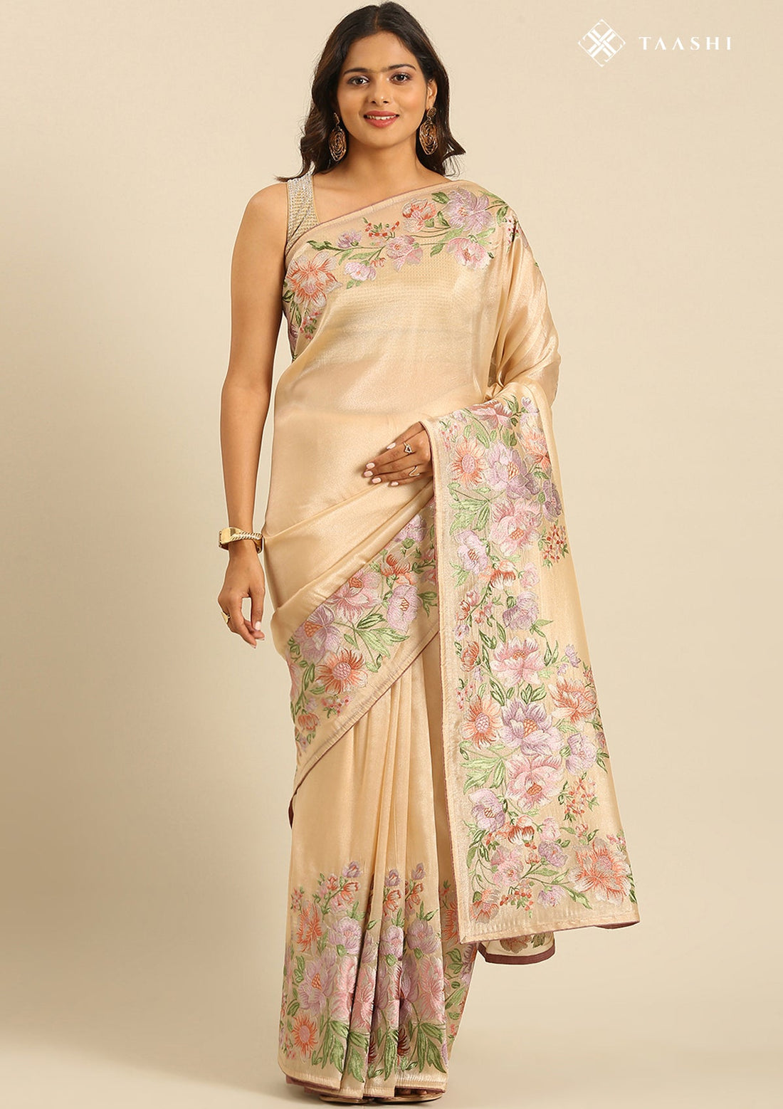 Beige Tissue Contemporary Embroidered Saree