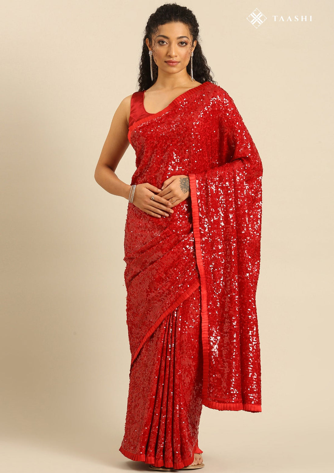 Red Chiffon Cocktail Embroidered Saree
