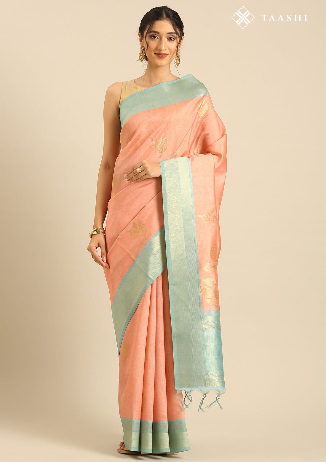 Peach Tussar Contemporary Woven Saree