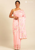 Pink Floral Embroiderd Linen Saree - Taashi