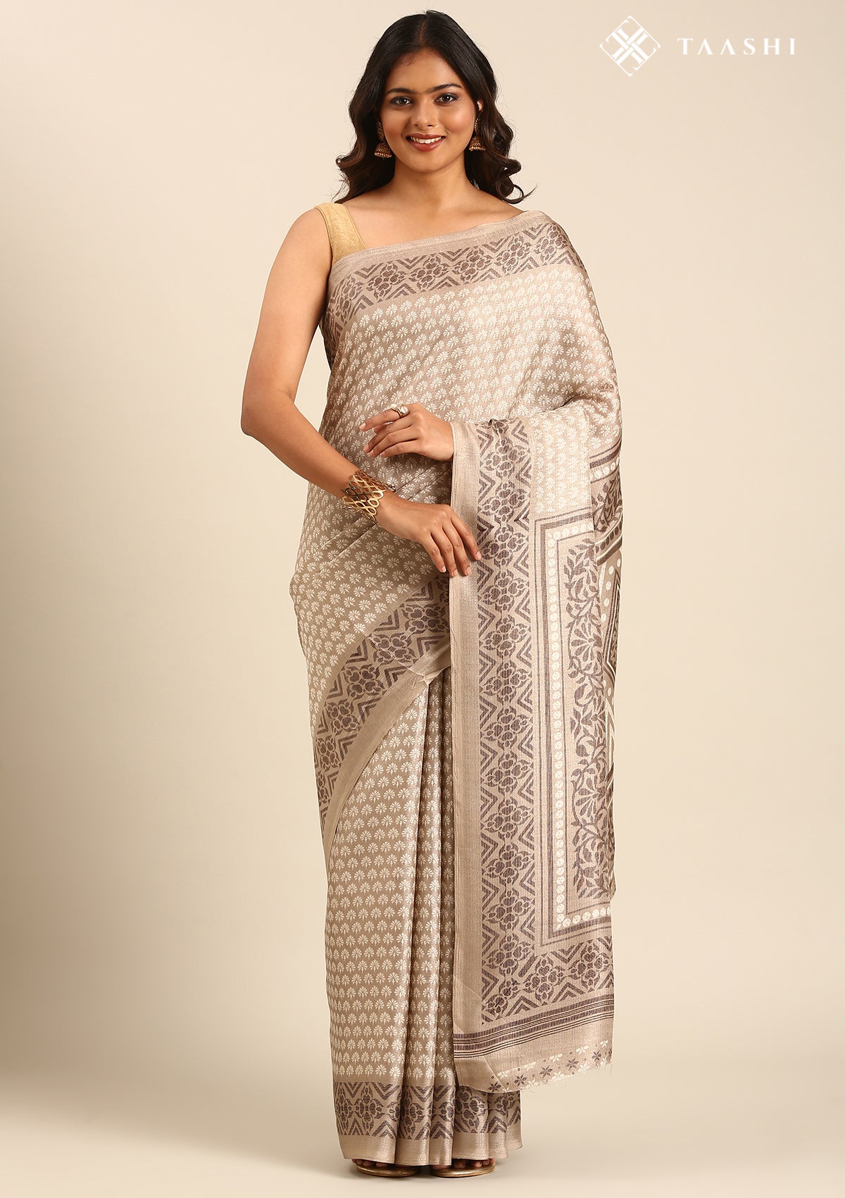 Dusty Grey Butti Printed Art Tussar Matka Silk Saree