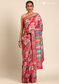 Dark Pink Watercolor Floral Printed Tussar Saree - Taashi