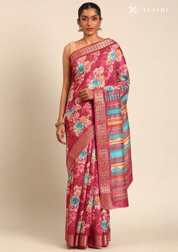 Dark Pink Watercolor Floral Printed Tussar Saree
