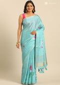 Pastel Blue Floral Printed Zari Woven Tussar Saree - Taashi