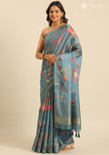 Dusty Blue Floral, Flamingo Printed And Zari Stripes Tussar Saree - Taashi