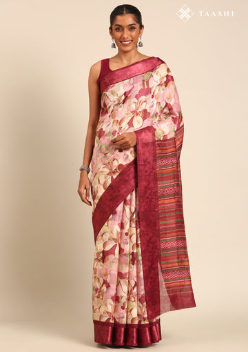 Maroon Watercolor Floral Printed And Plaids Woven Linen Saree
