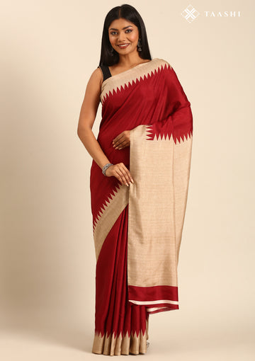 Maroon Temple Border Printed Tussar Saree