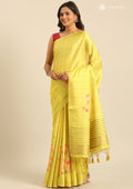 Yellow Floral Printed Zari Woven Tussar Saree - Taashi