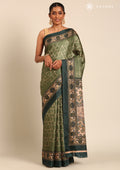 Dark Green Geometric Printed Tussar Saree - Taashi