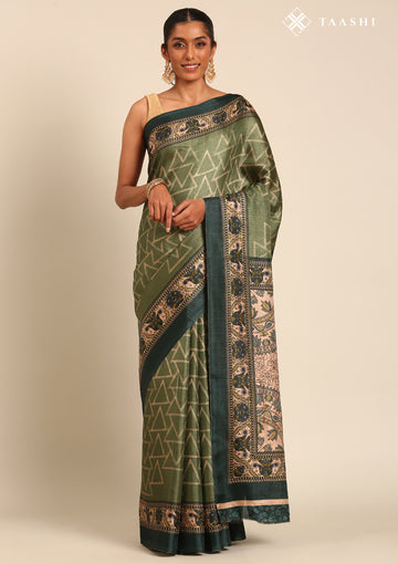 Dark Green Geometric Printed Tussar Saree