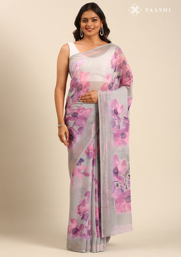 Grey Watercolor Floral Printed Georgette Saree
