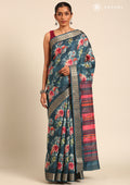 Teal Watercolor Floral Printed Tussar Saree - Taashi
