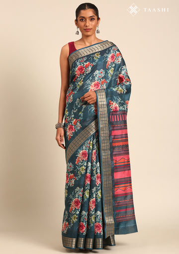 Teal Watercolor Floral Printed Tussar Saree