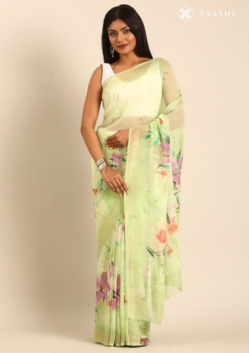 Lemon Green Georgette Contemporary Printed Saree