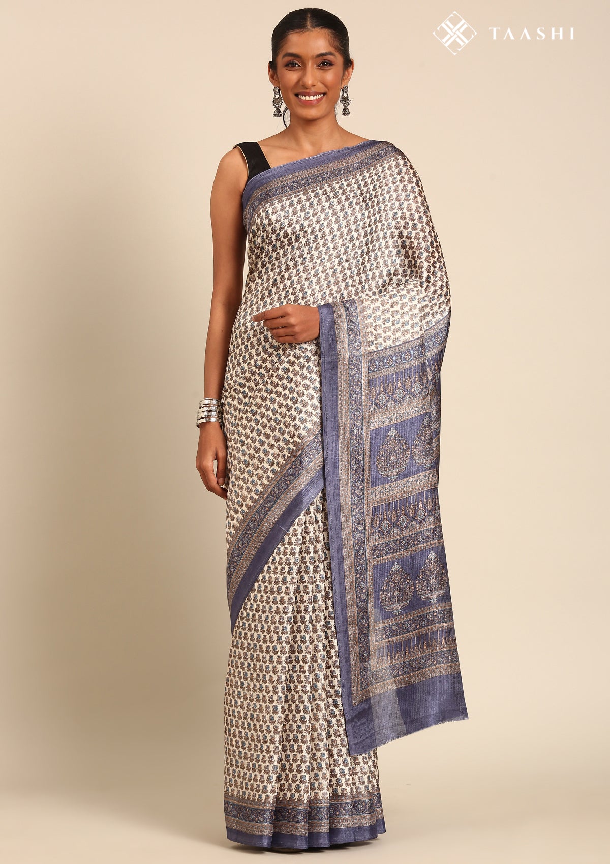 Cream And Blue A/O Floral Printed Art Tussar Matka Silk Saree