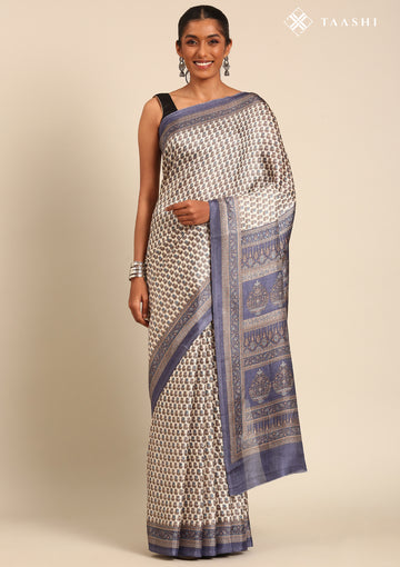 Cream And Blue A/O Floral Printed Art Tussar Matka Silk Saree