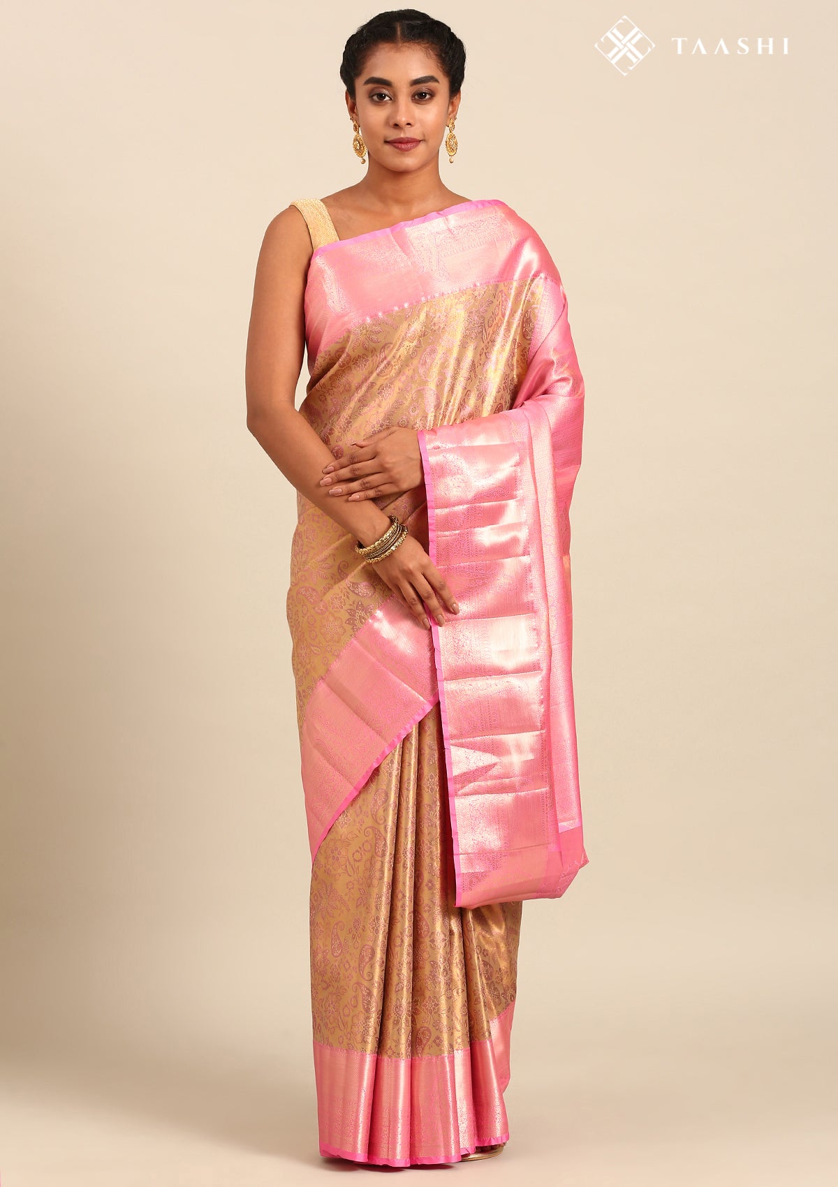 Golden And Pink Kanchipuram Saree
