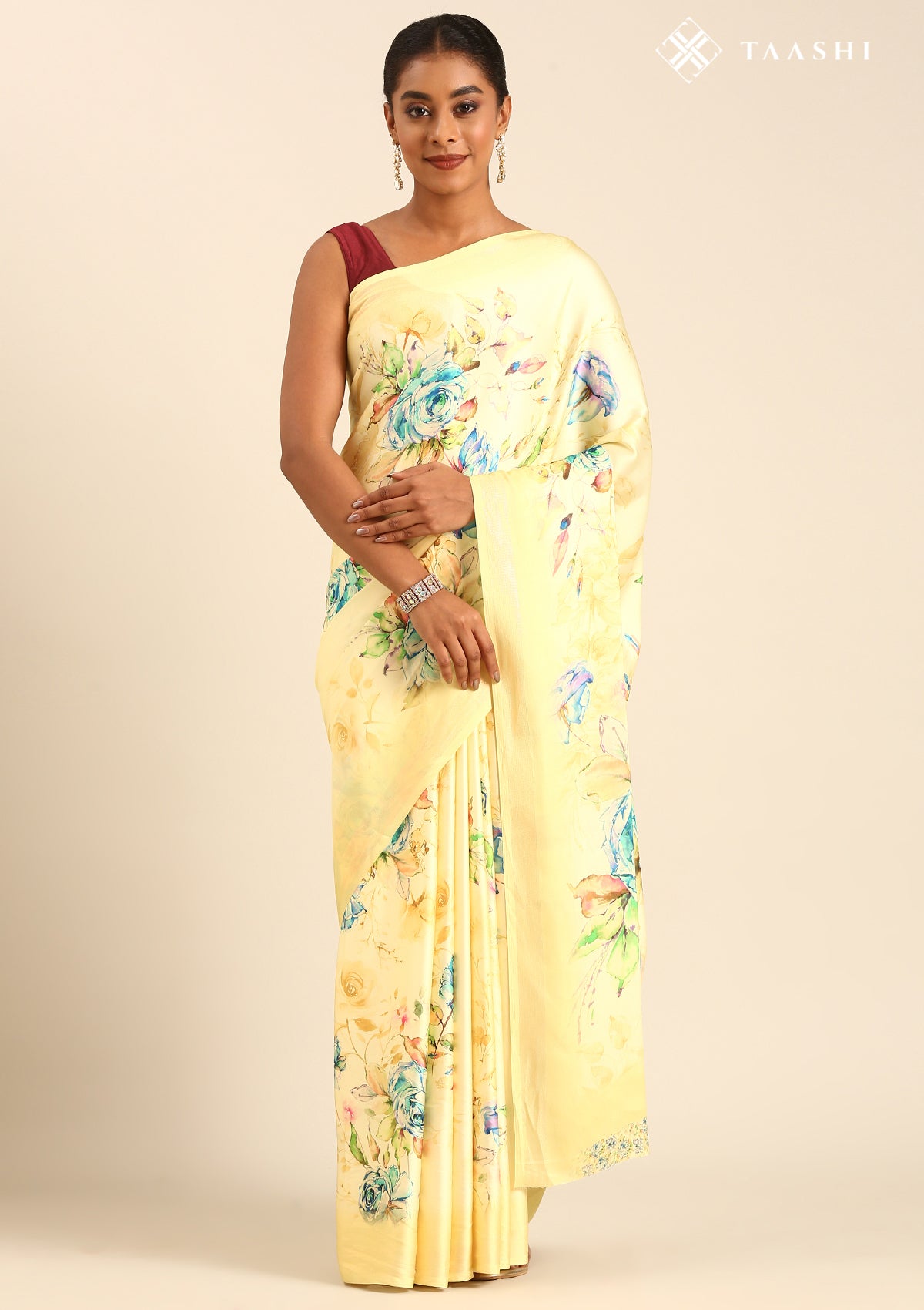 Yellow A/O Floral Printed Satin Saree