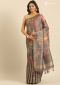 Graphite Floral, Flamingo Printed And Zari Stripes Tussar Saree - Taashi