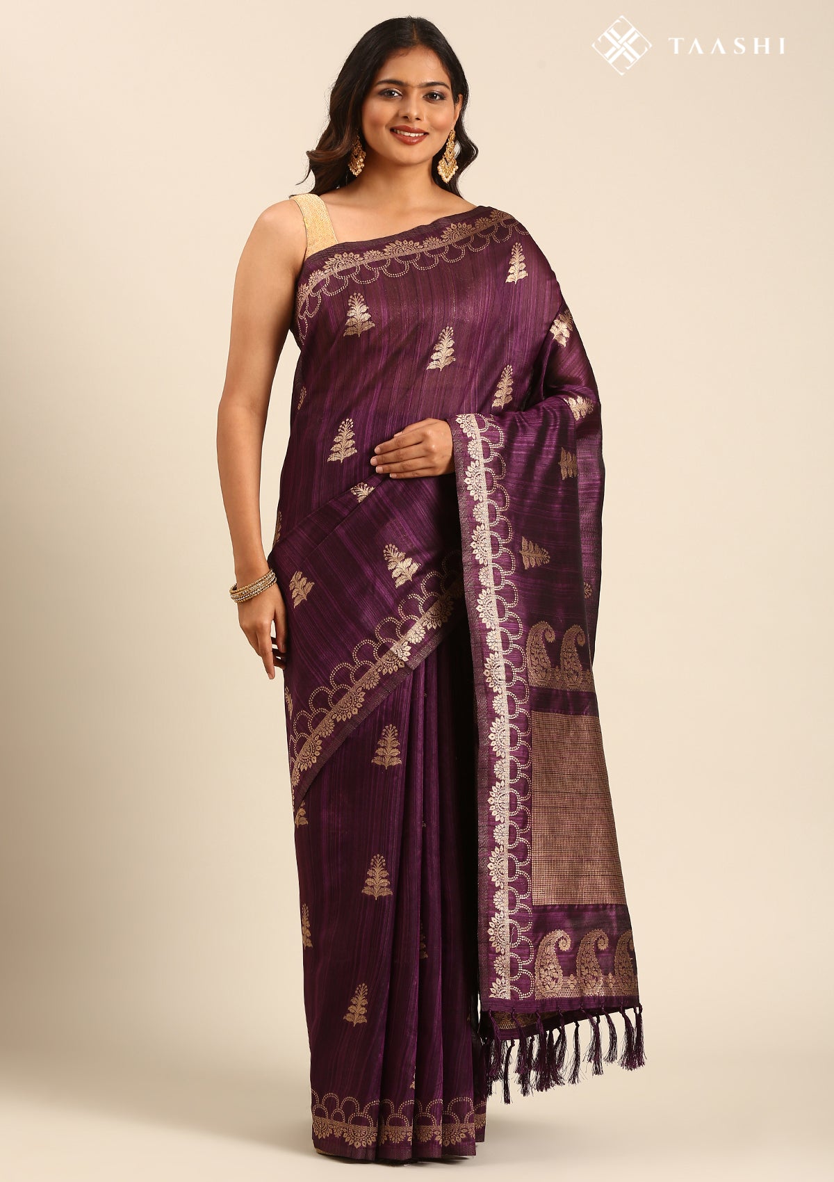 Purple Zari Floral Butta Tussar Saree