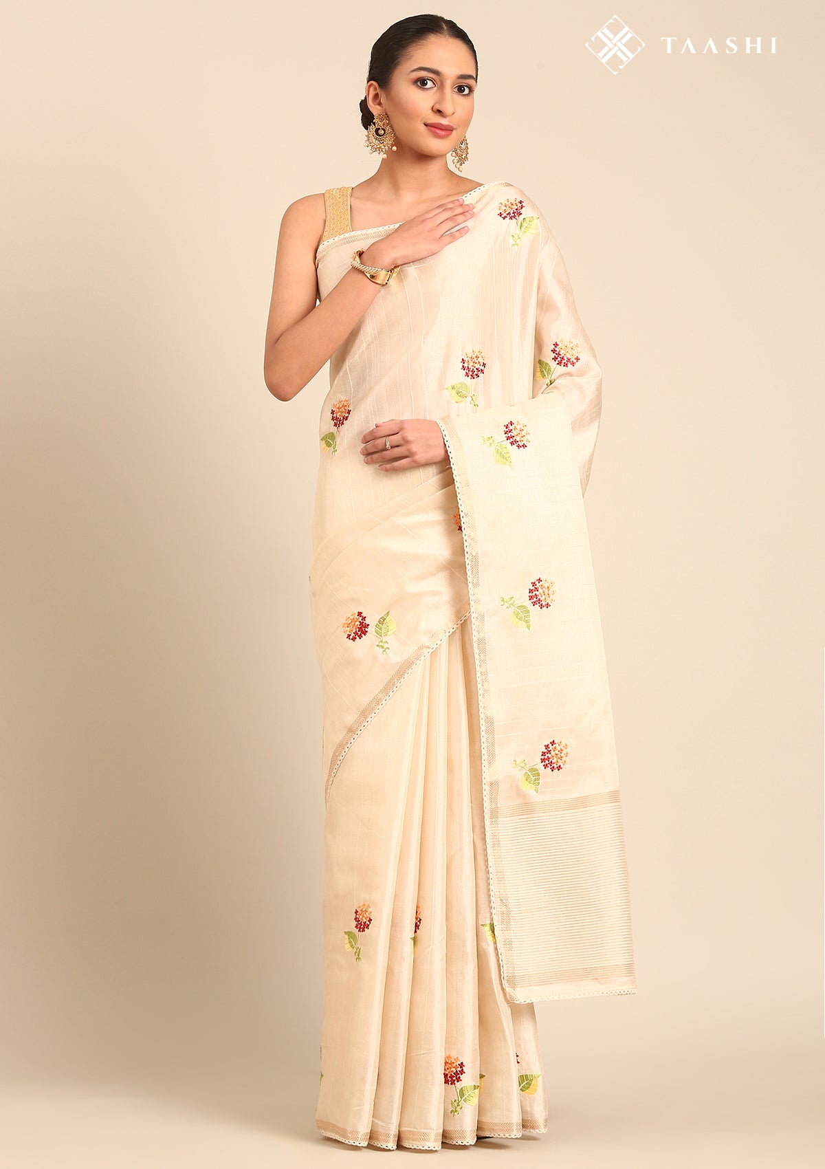 Cream Fancy Embroidery Tussar Saree