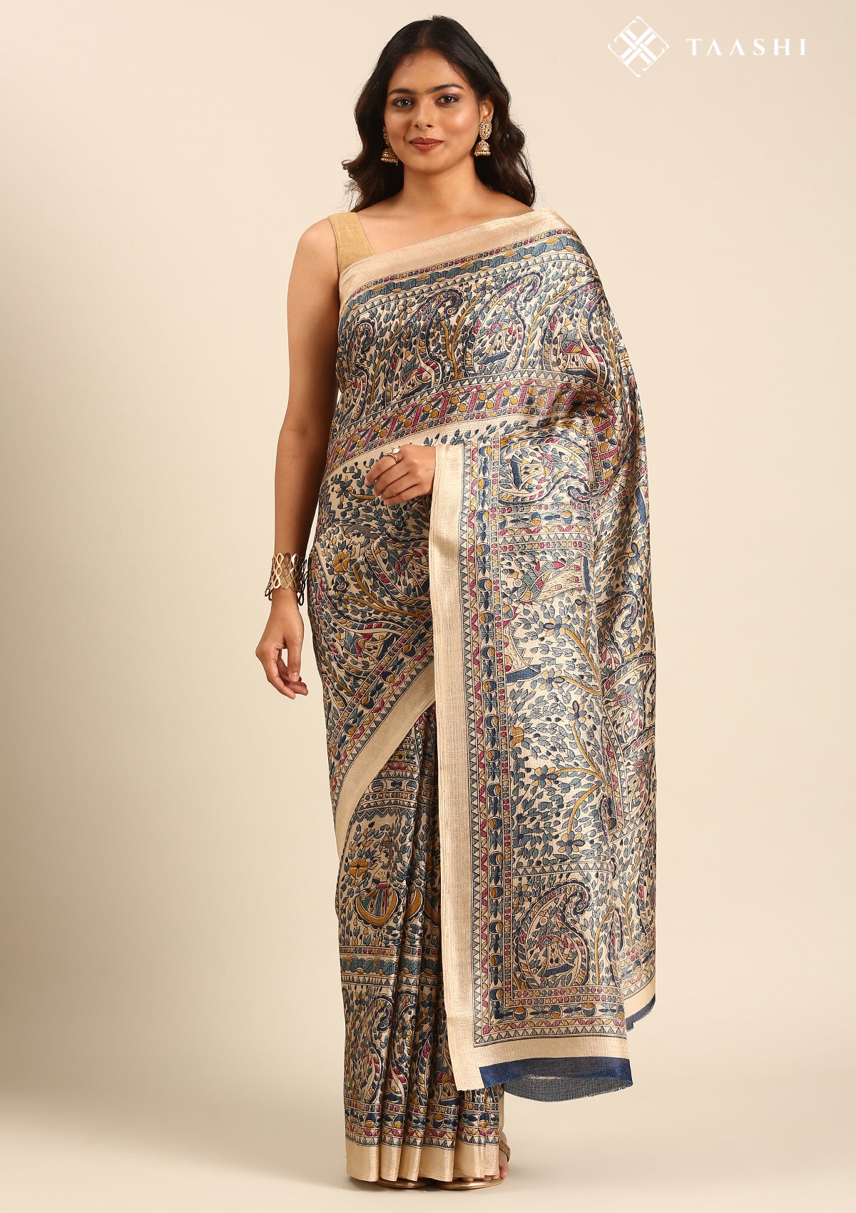 Tussar X Blue Madhubani Printed Art Tussar Matka Silk Saree