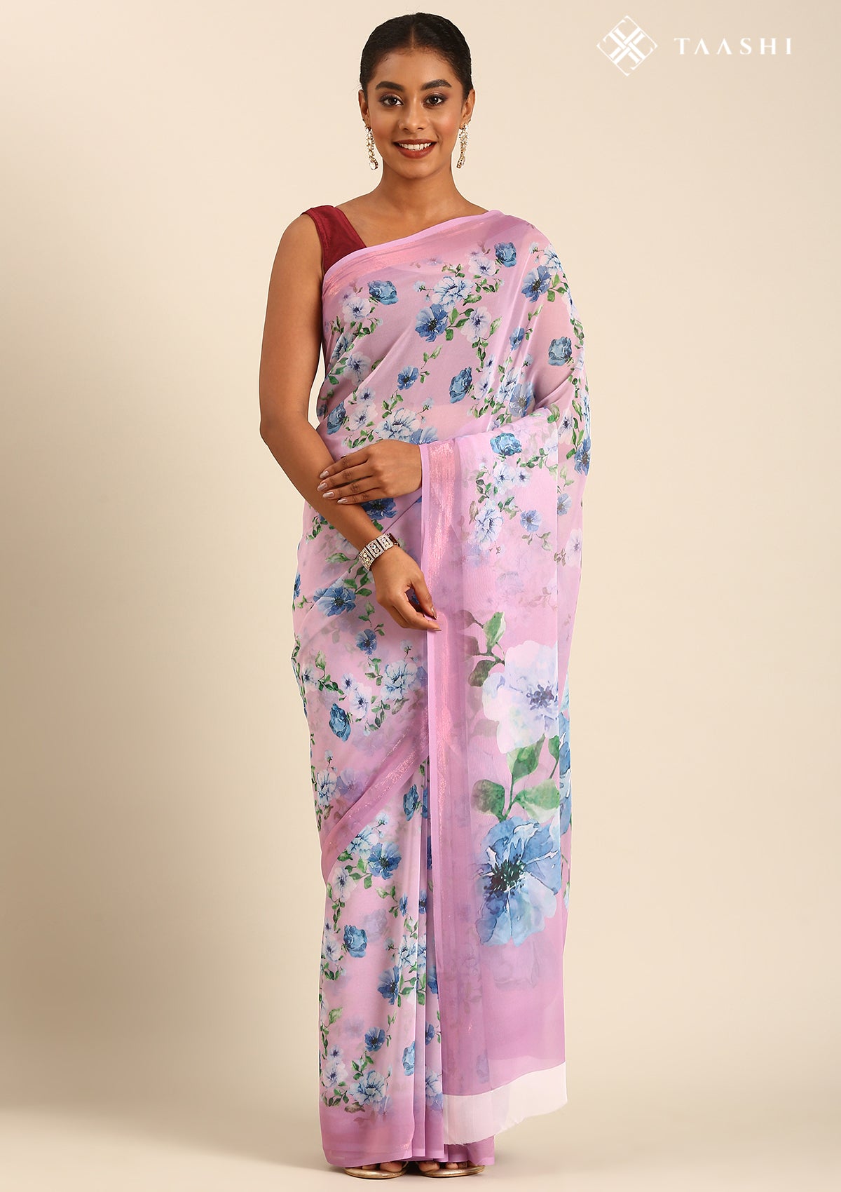 Lavender Floral Printed Georgette Saree