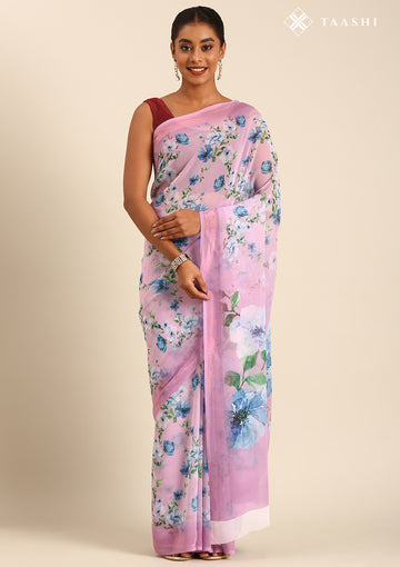 Lavender Floral Printed Georgette Saree