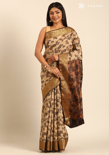 Beige And Brown Floral Woven Tussar Saree