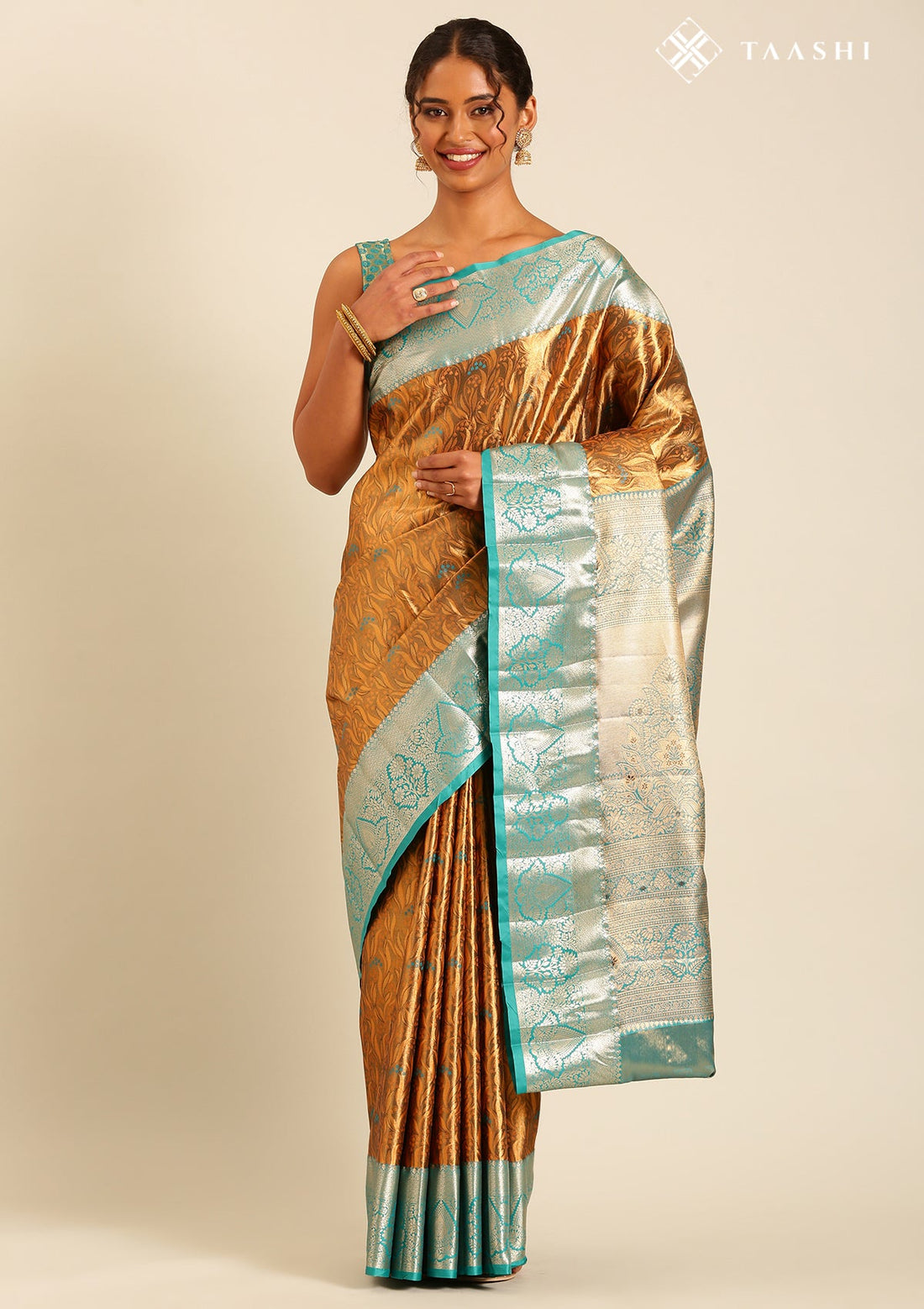 Dark Beige Silk Korvai Tissue Kanjivaram Weave Saree